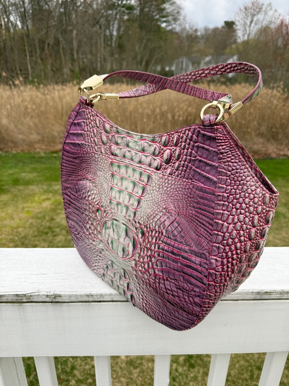 Brahmin Purple / Mint Croc-Embossed Marianna tote Bag - Picture 3 of 6